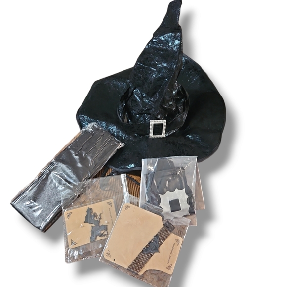 Hillban 5 Pcs Halloween Witch Costume for Women, Black Pointed Ruched Witch Hat - Picture 5 of 5